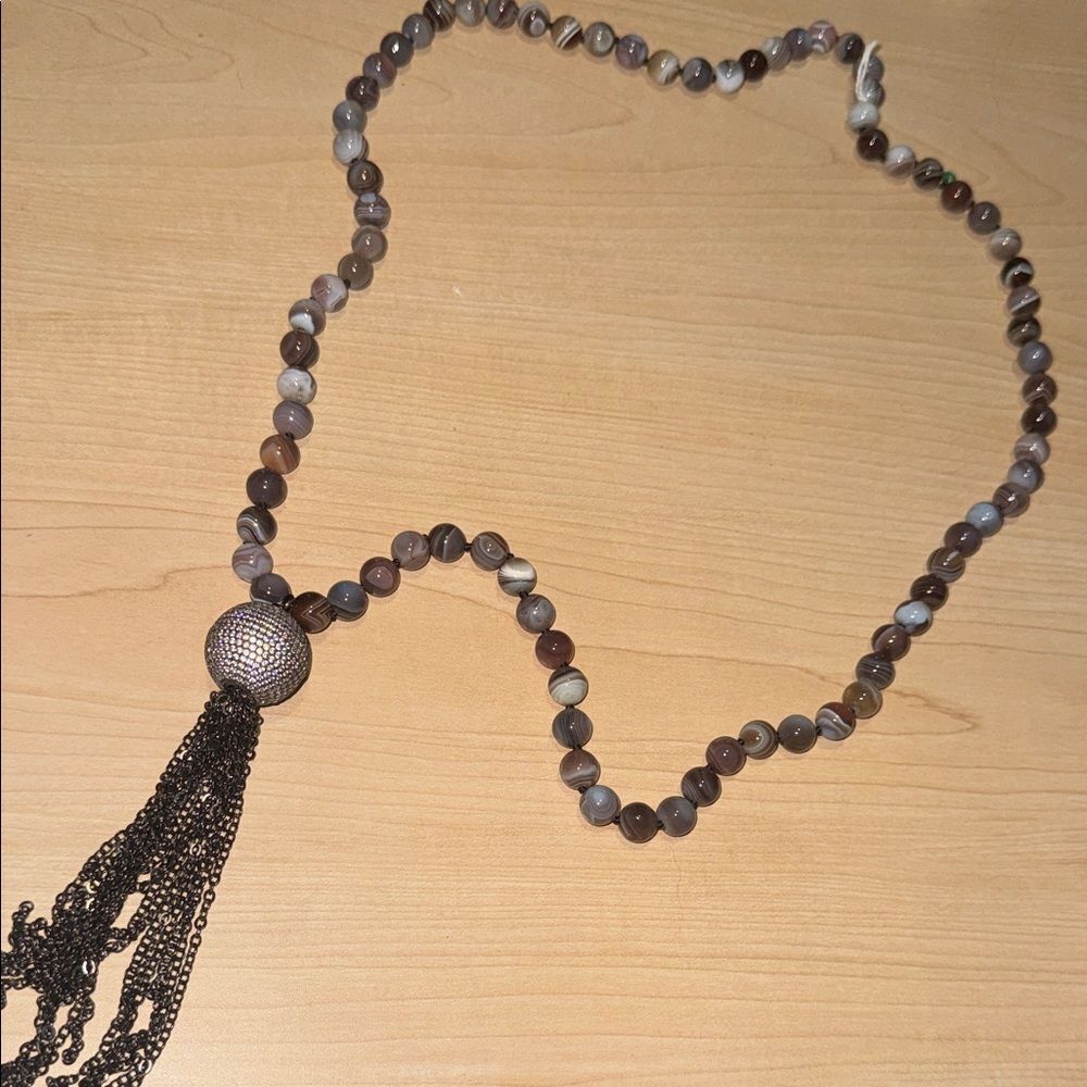 VINTAGE Long Beaded Stone Necklace Chain Tassle Rhinestone Necklace Drop NEW